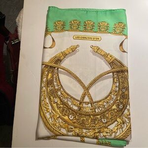 Hermes Green White Gold 'Les Cavaliers d'Or' Silk Scarf